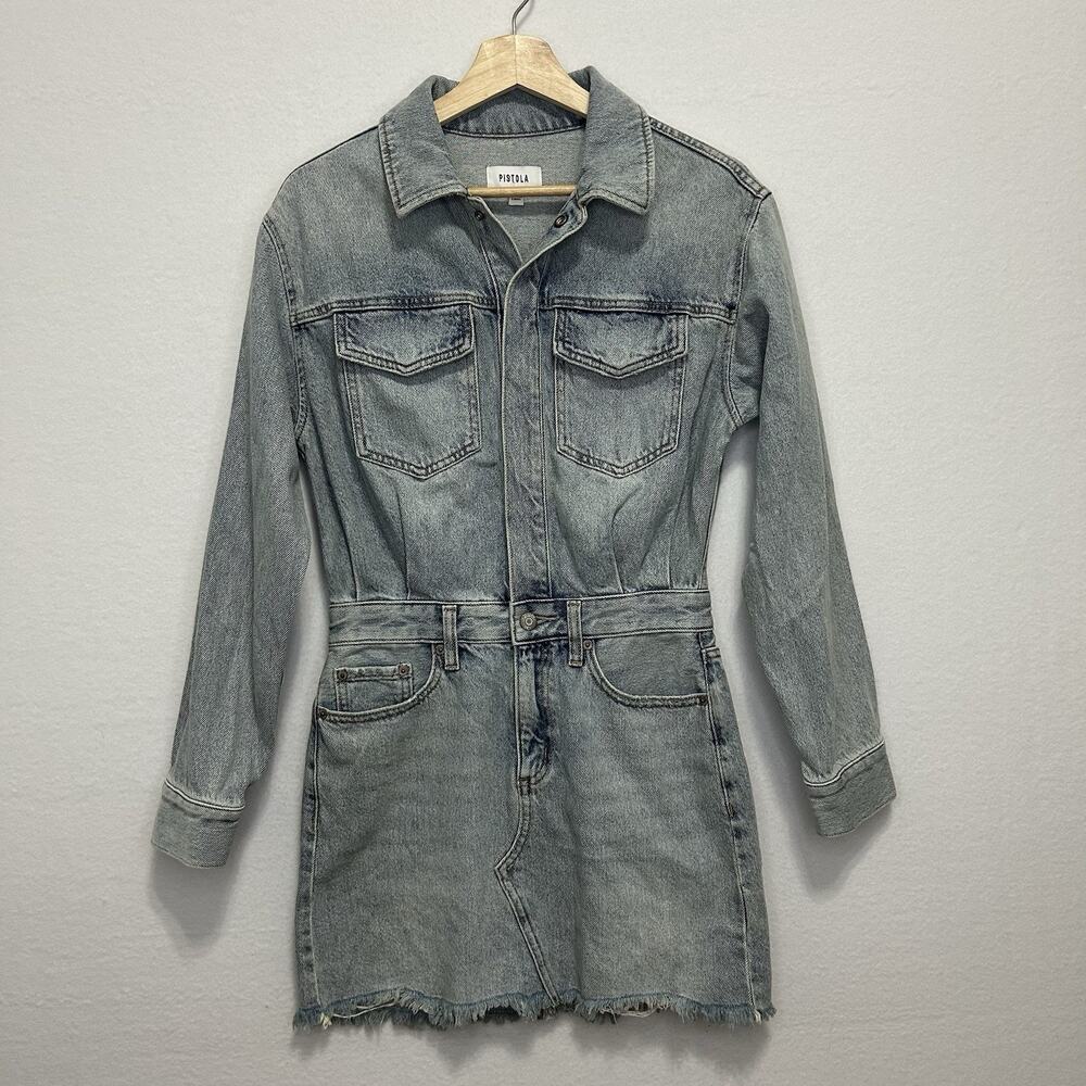 Pistola Nina Denim Mini Dress Raw Hem Snaps Acid Wash Size XS